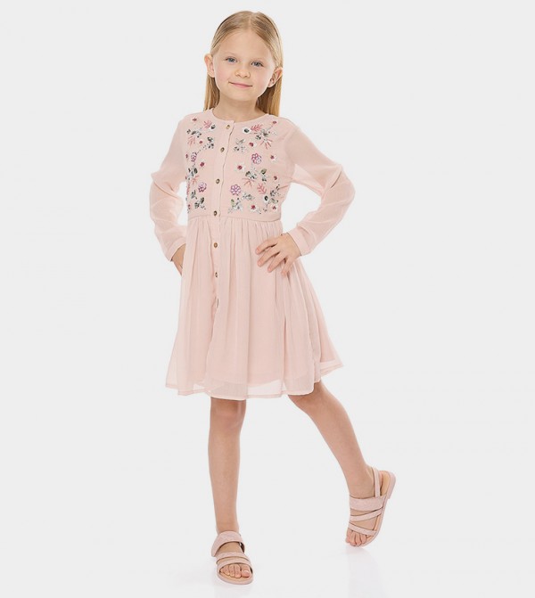 Sequined Flared Dress with Round Neck and Long Sleeves