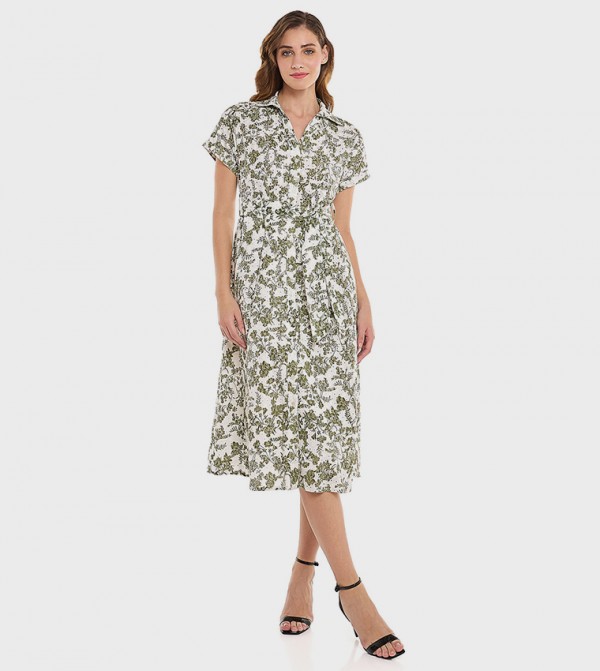 Printed Shirt Dress with Short Sleeves