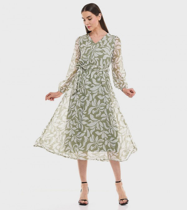 Patterned Midi Dress with V-Neck and Long Sleeves