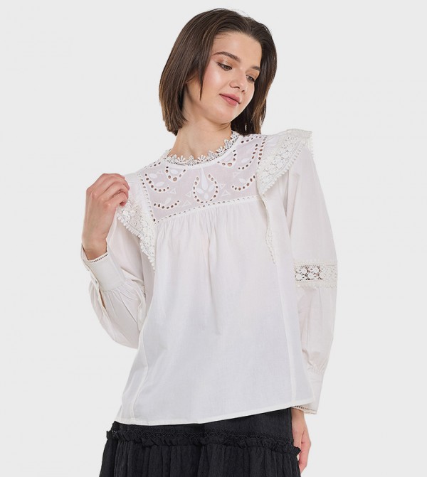 Lace Trim Top with Crew Neck and Long Sleeves