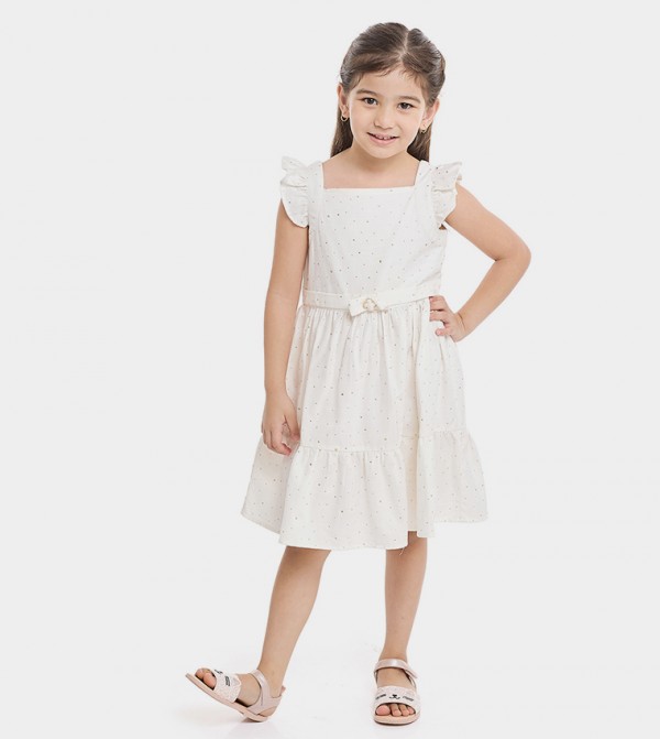 Embroidered Fit and Flare Dress with Flutter Sleeves