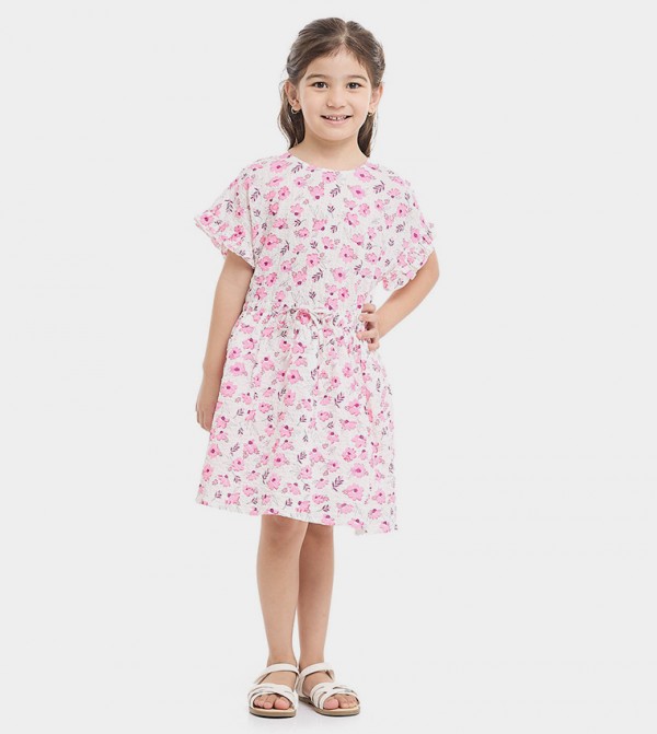Floral Print Fit and Flared Dress with Short Sleeves