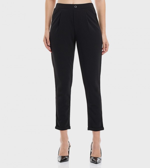 Solid Tapered Trousers with Elastic Waist