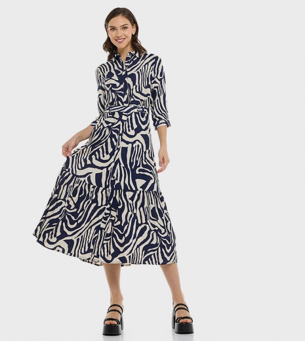 Patterned Shirt Dress with 3/4 Sleeves