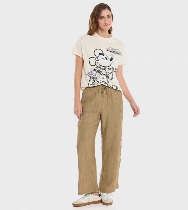 Crinkled Straight Fit Pants With Drawstring Waist