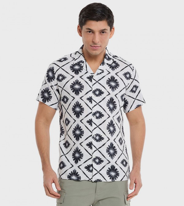 Printed Shirt with Revere Collar and Short Sleeves