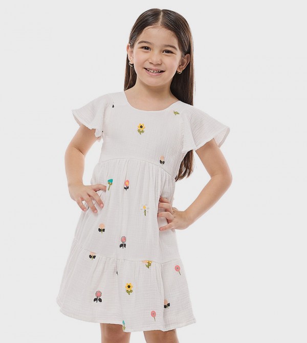 Embroidered Tiered Dress With Crew Neck and Flared Sleeves