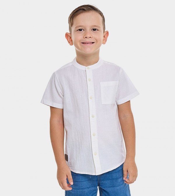 Textured Shirt with Mandarin Collar and Short Sleeves