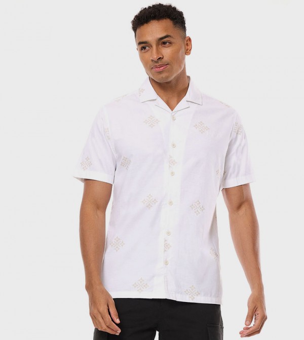 Printed Shirt with Revere Collar and Short Sleeves