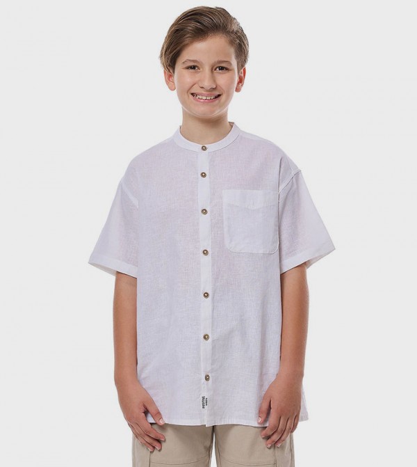 Pocket Detail Shirt with Mandarin Collar and Short Sleeves