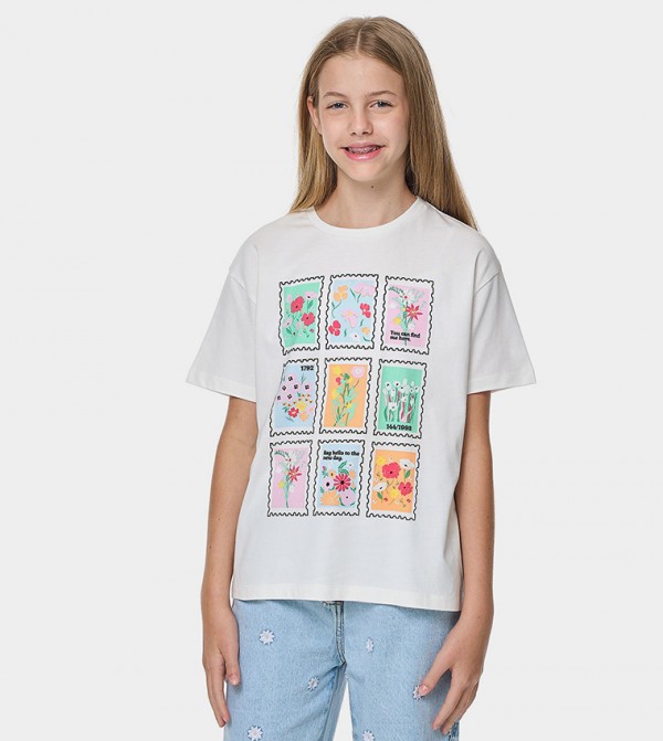 Graphic Print T-Shirt with Crew Neck and Short Sleeves