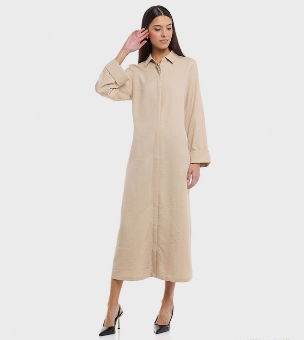 Textured Shirt Dress with Long Sleeves