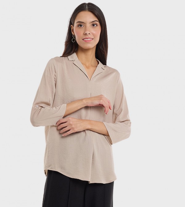 Solid Shirt with Lapel Collar and 3/4 Sleeves