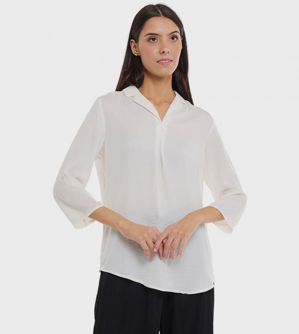 Solid Shirt with Lapel Collar and 3/4 Sleeves