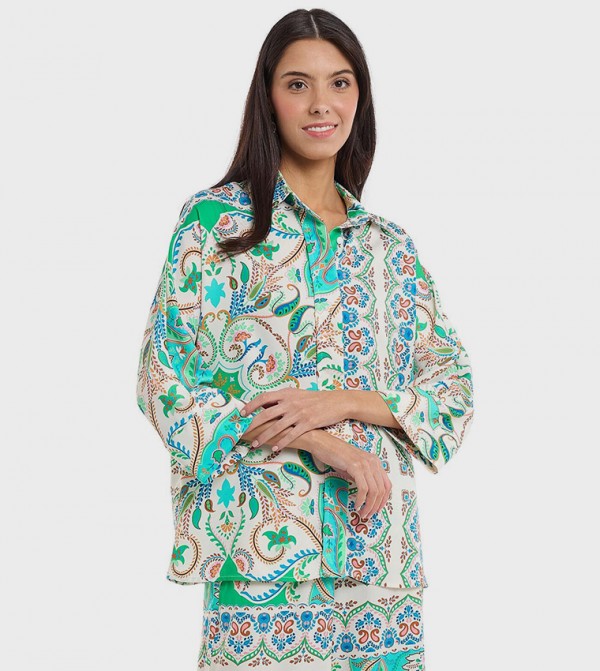 Patterned Shirt with Classic Collar and 3/4 Sleeves