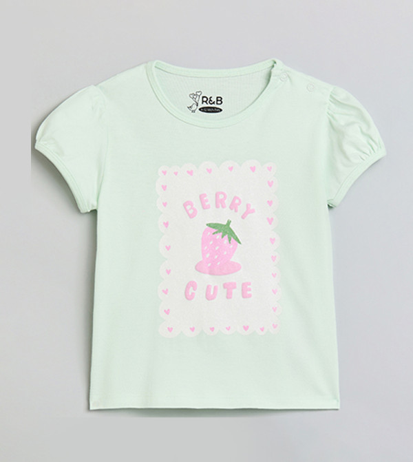 Printed Top with Crew Neck and Puff Sleeves