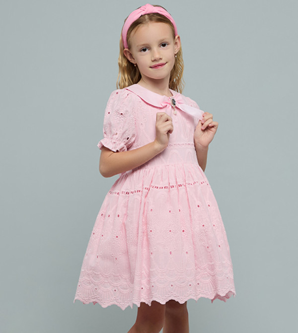 Embroidered Dress with Peter Pan Collar and Puff Sleeves