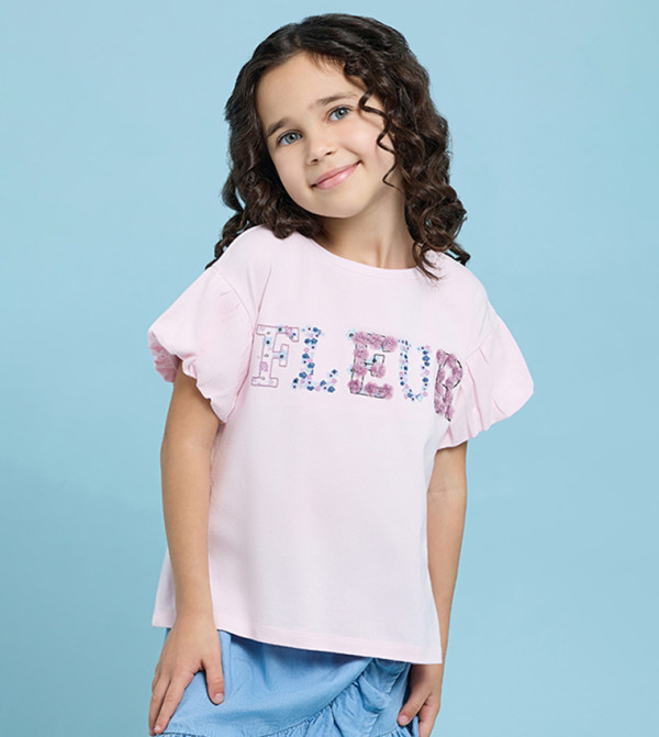 Embroidered Top with Crew Neck and Balloon Sleeves