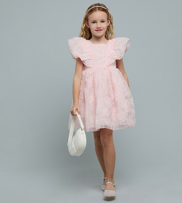 Embroidered Dress with Square Neck and Ruffle Sleeves