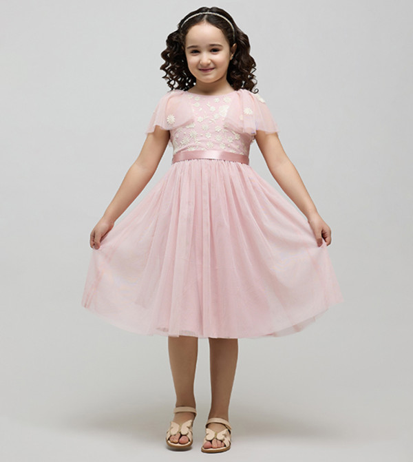 Embroidered Dress with Crew Neck and Flutter Sleeves