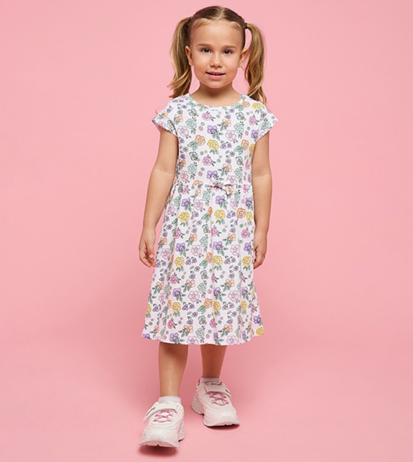 Printed Fit & Flare Dress with Crew Neck and Short Sleeves