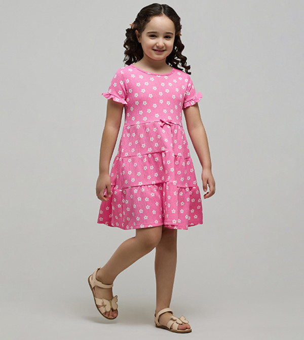 Floral Printed Tiered Dress with Crew Neck and Short Sleeves