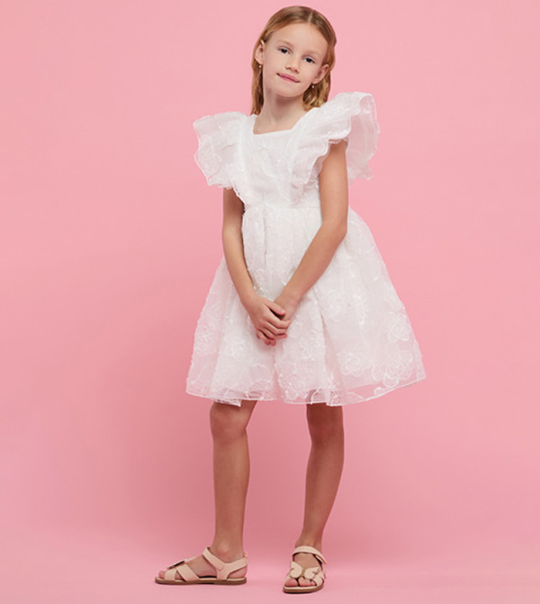 Embroidered Dress with Square Neck and Ruffle Sleeves