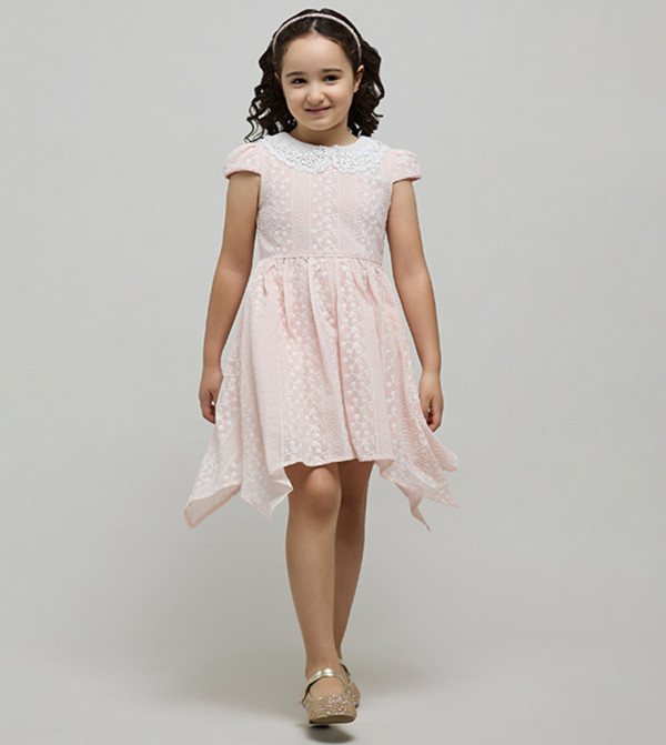 Embroidered Dress with Peter Pan Collar and Cap Sleeves