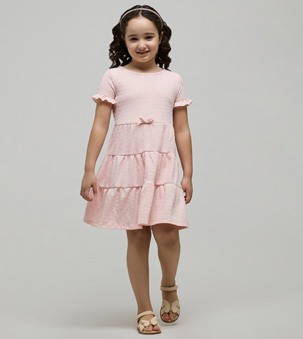 Textured Tiered Dress with Crew Neck and Short Sleeves