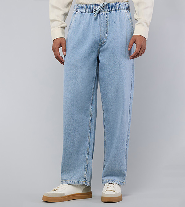 Washed Straight Fit Jeans with Elastic Waist
