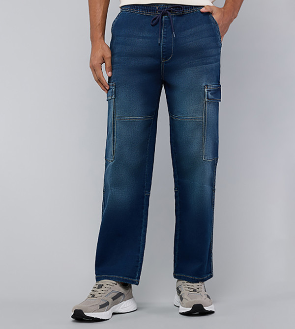 بنطلون جينز كارغو سادة برباط على الخصر