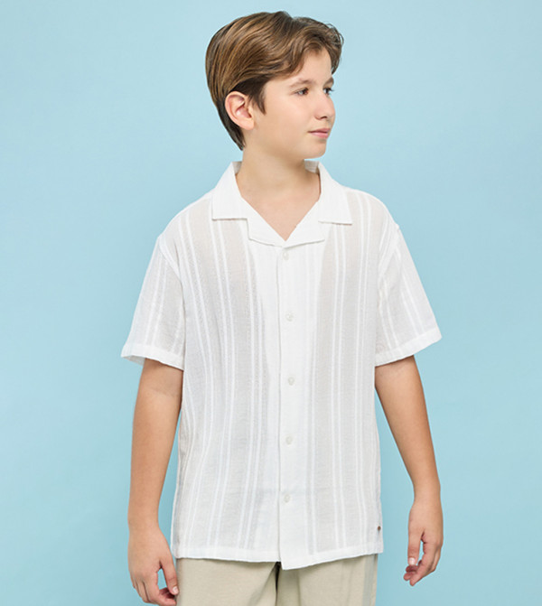 Self Design Shirt with Revere Collar and Short Sleeves
