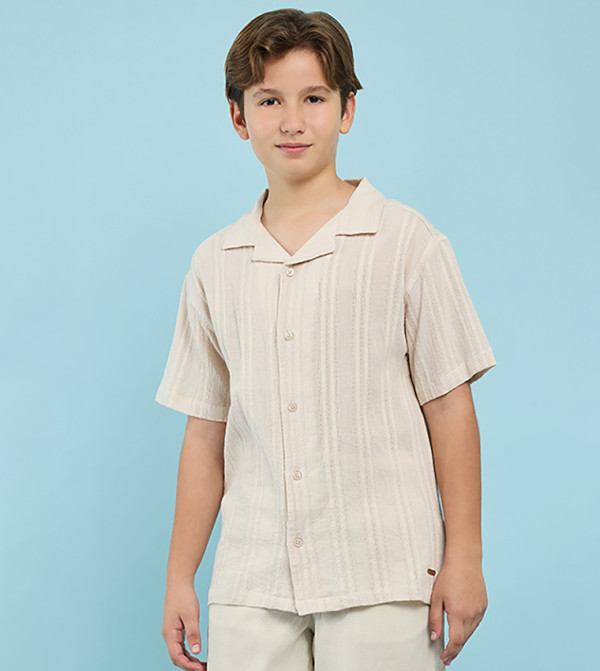 Self Design Shirt with Revere Collar and Short Sleeves