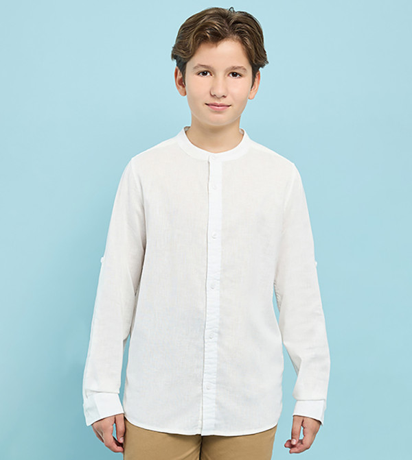 قميص سادة كم طويل بياقة ماندرين