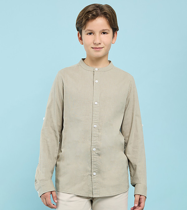 قميص سادة كم طويل بياقة ماندرين