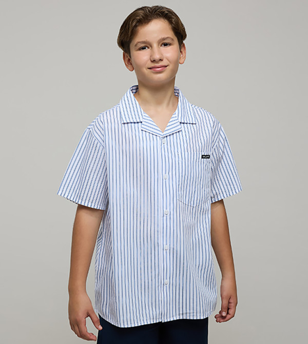 Striped Shirt with Revere Collar and Short Sleeves