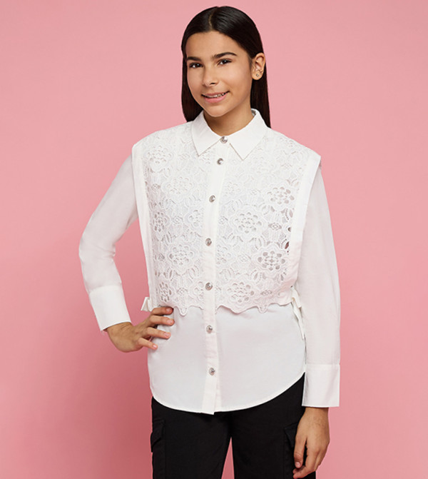 Lace Detail Shirt with Classic Collar and Long Sleeves