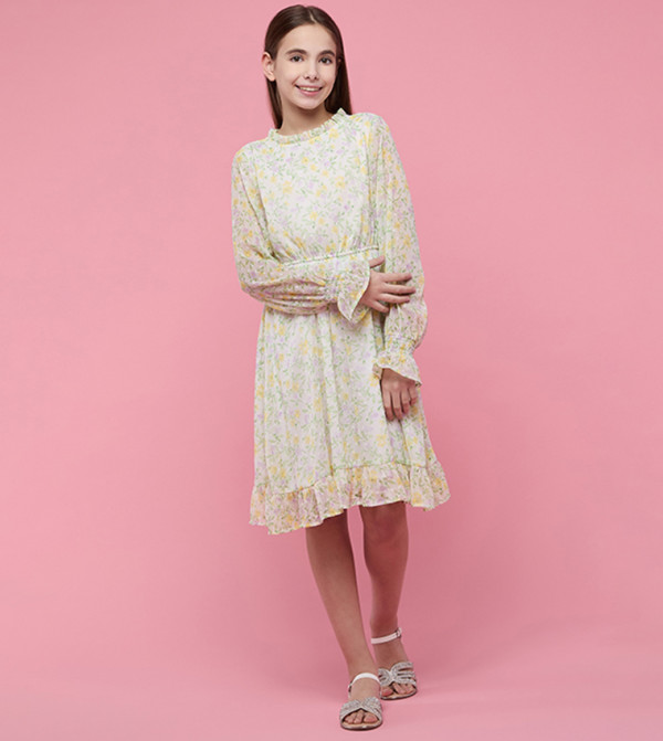 فستان واسع كم باف بقبة مستديرة بطبعة الورود 