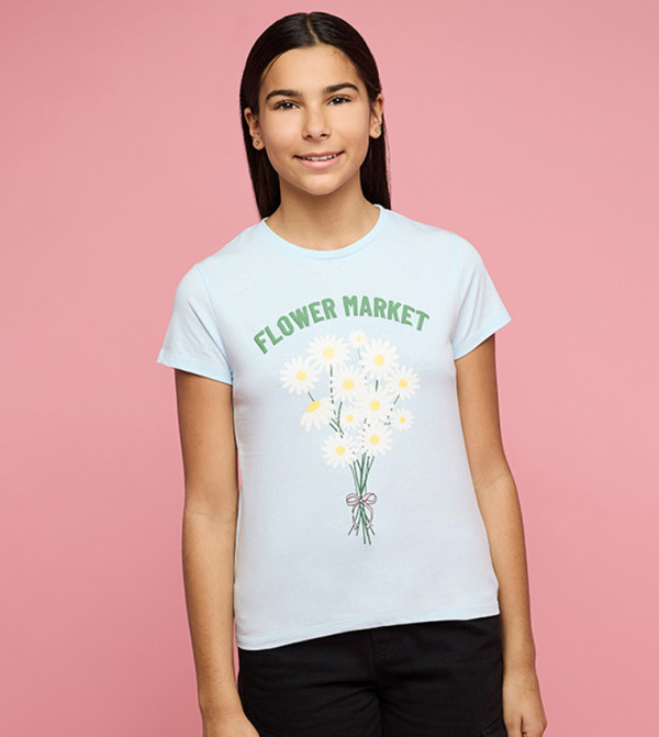 تيشيرت كم قصير بقبة مستديرة بطبعة