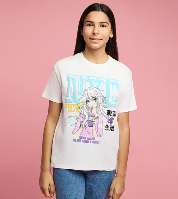 Graphic Print T-Shirt with Crew Neck and Short Sleeves