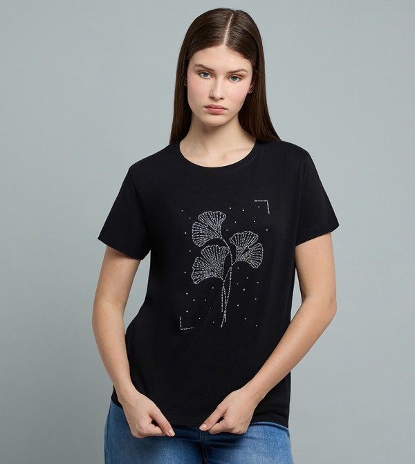 Embellished T-Shirt with Crew Neck and Short Sleeves