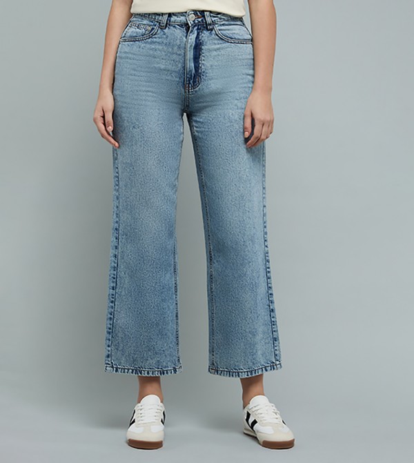Washed Flared Jeans with Button Closure