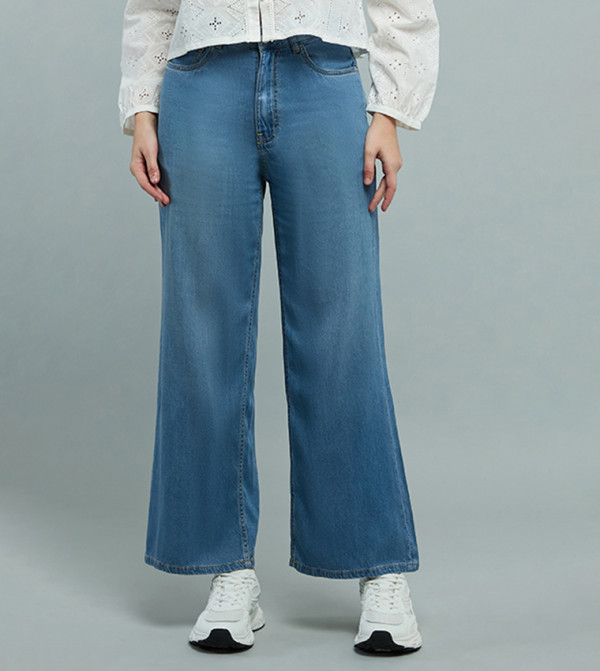 Washed Flared Jeans with Button Closure