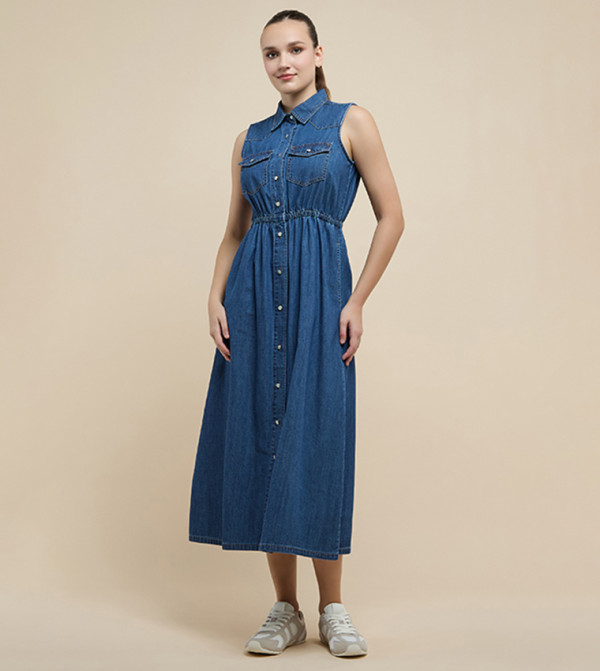 Washed Sleeveless Denim Shirt Dress with Classic Collar