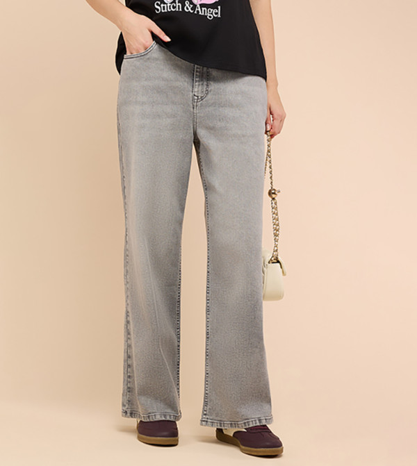 Washed Wide Leg Jeans with Button Closure