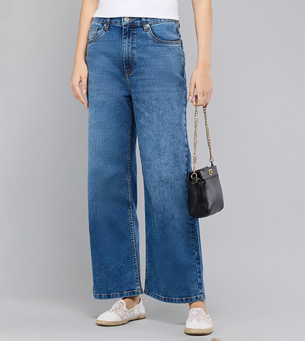 Washed Wide Leg Jeans with Button Closure