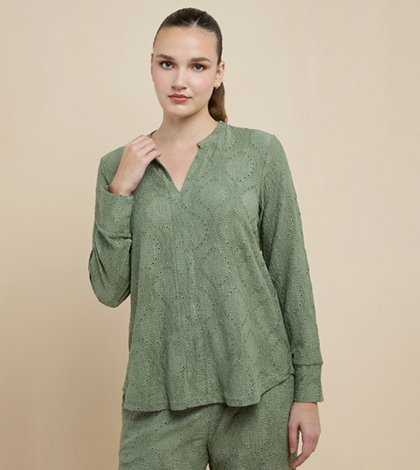 Schiffli Top with Split Neck and Long Sleeves