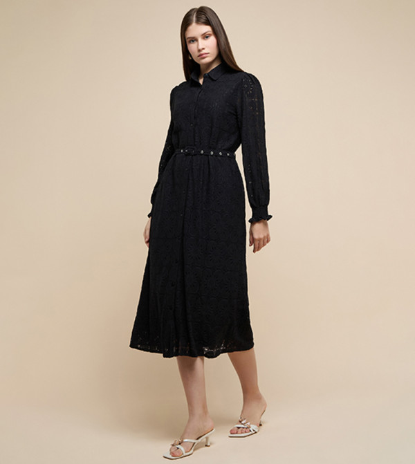 Lace Shirt Dress with Classic Collar and Long Sleeves