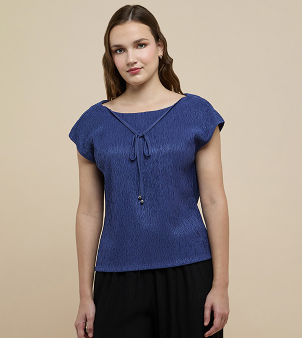 Textured Top with Boat Neck and Extended Sleeves