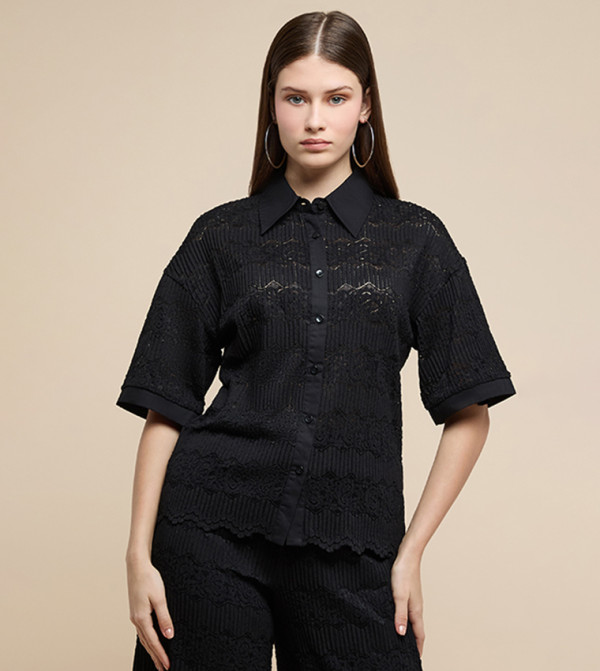 Lace Shirt with Classic Collar and Short Sleeves